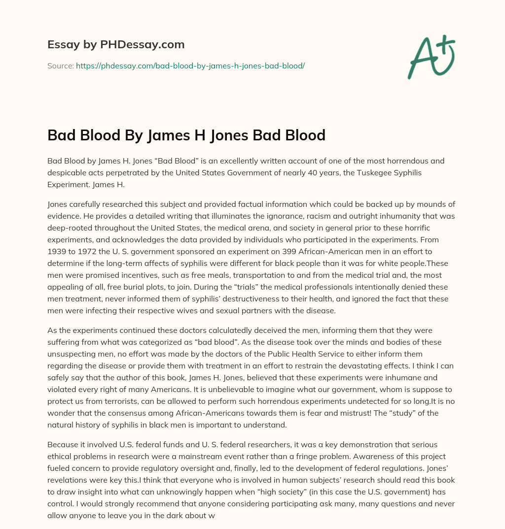 Bad Blood By James H Jones Bad Blood essay