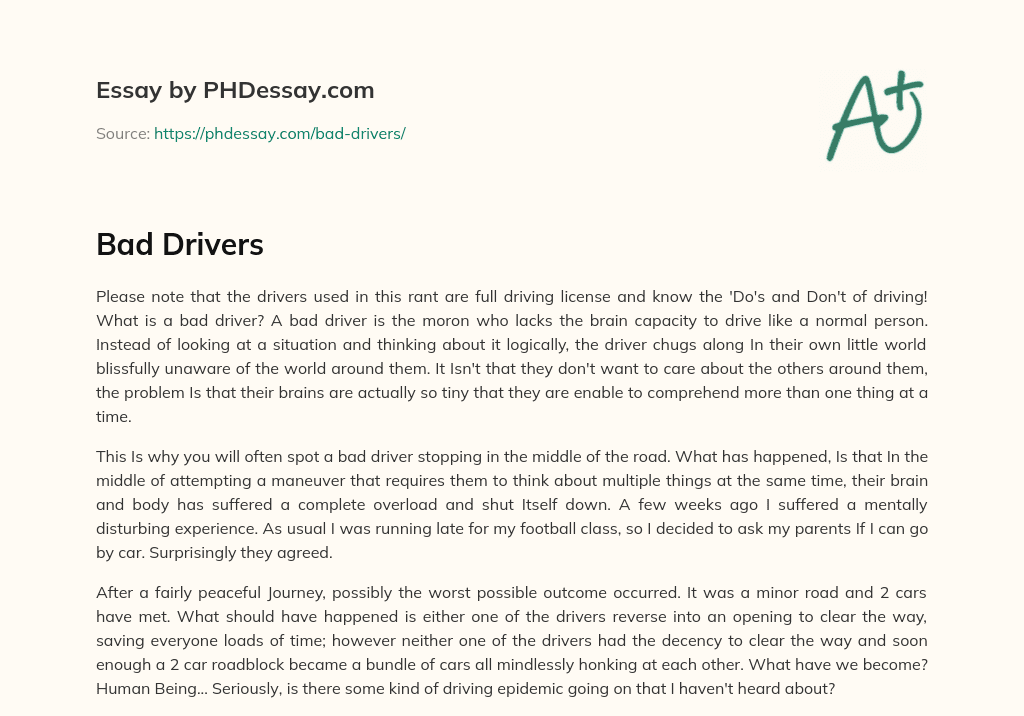 Warning: Beware of Bad Drivers with Tiny Brains and Poor Logic essay