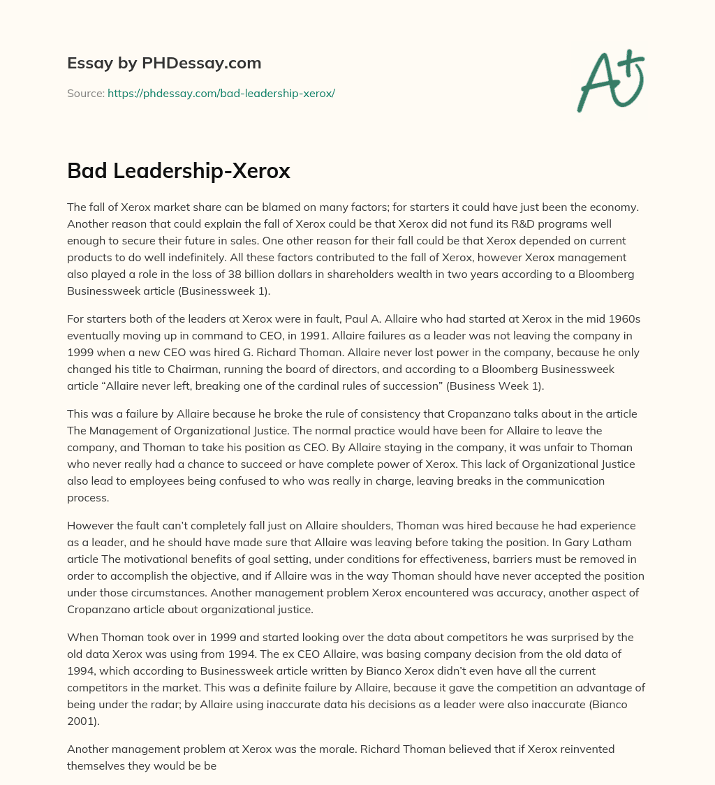 Bad Leadership-Xerox essay