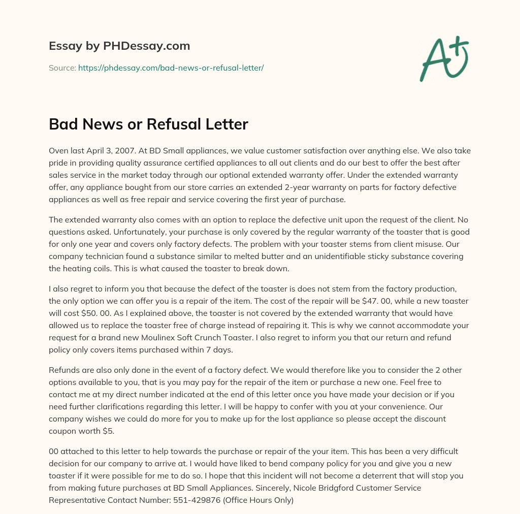 Bad News or Refusal Letter essay