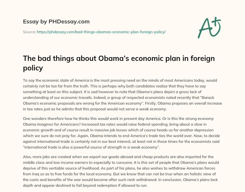 The bad things about Obama’s economic plan in foreign policy essay