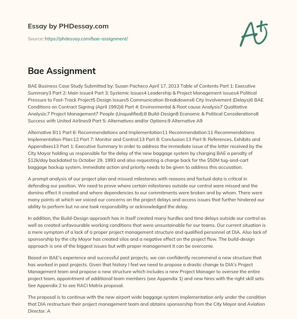 BAE Business Case Study: Delays, Design Issues, and Political Pressure essay