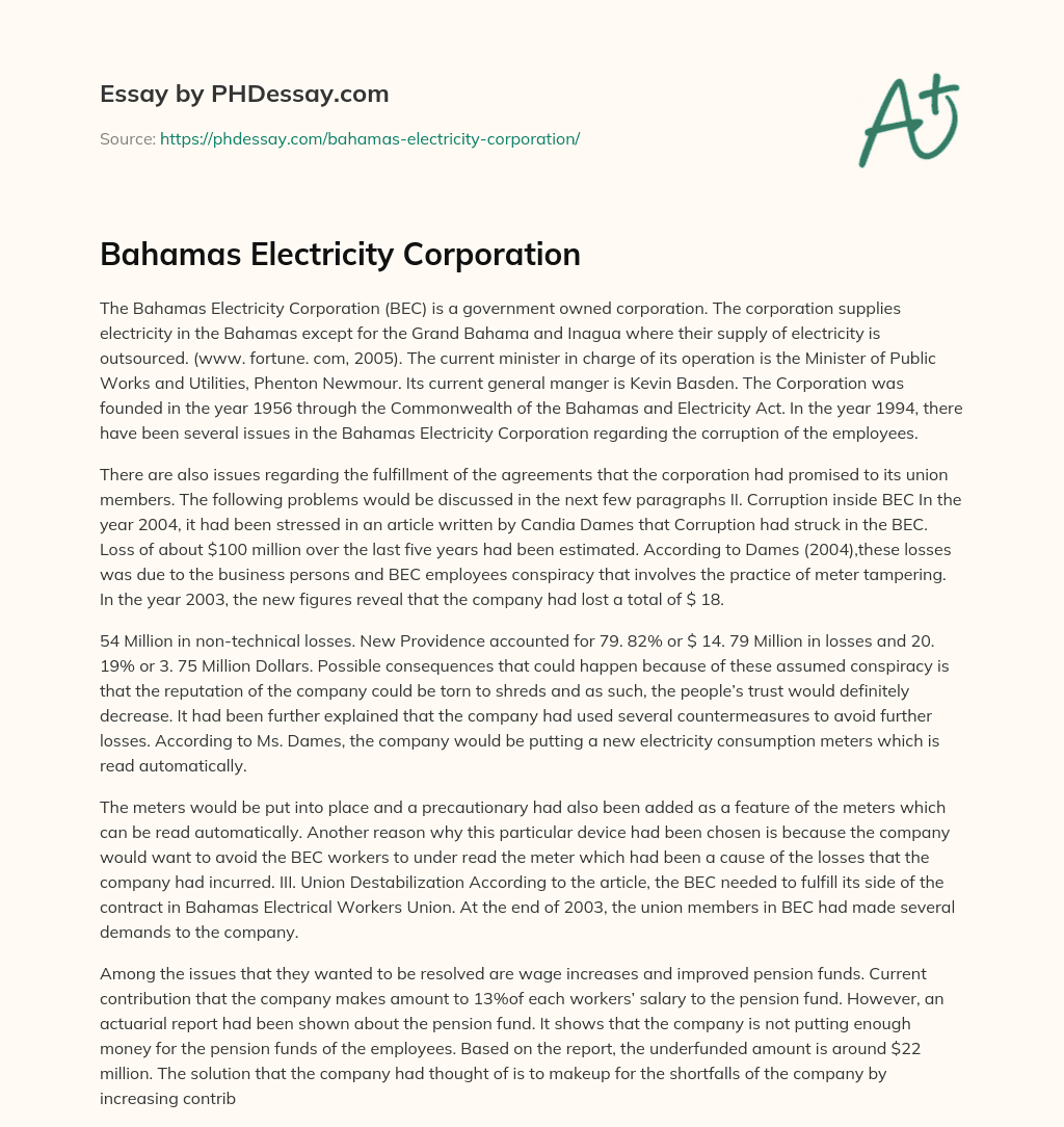 Bahamas Electricity Corporation essay