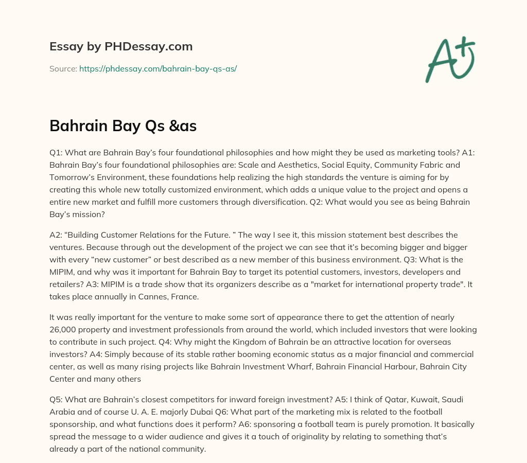 Bahrain Bay Qs &as essay
