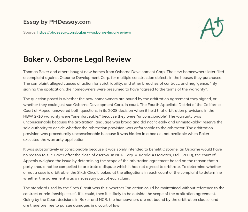 Baker v. Osborne Legal Review essay
