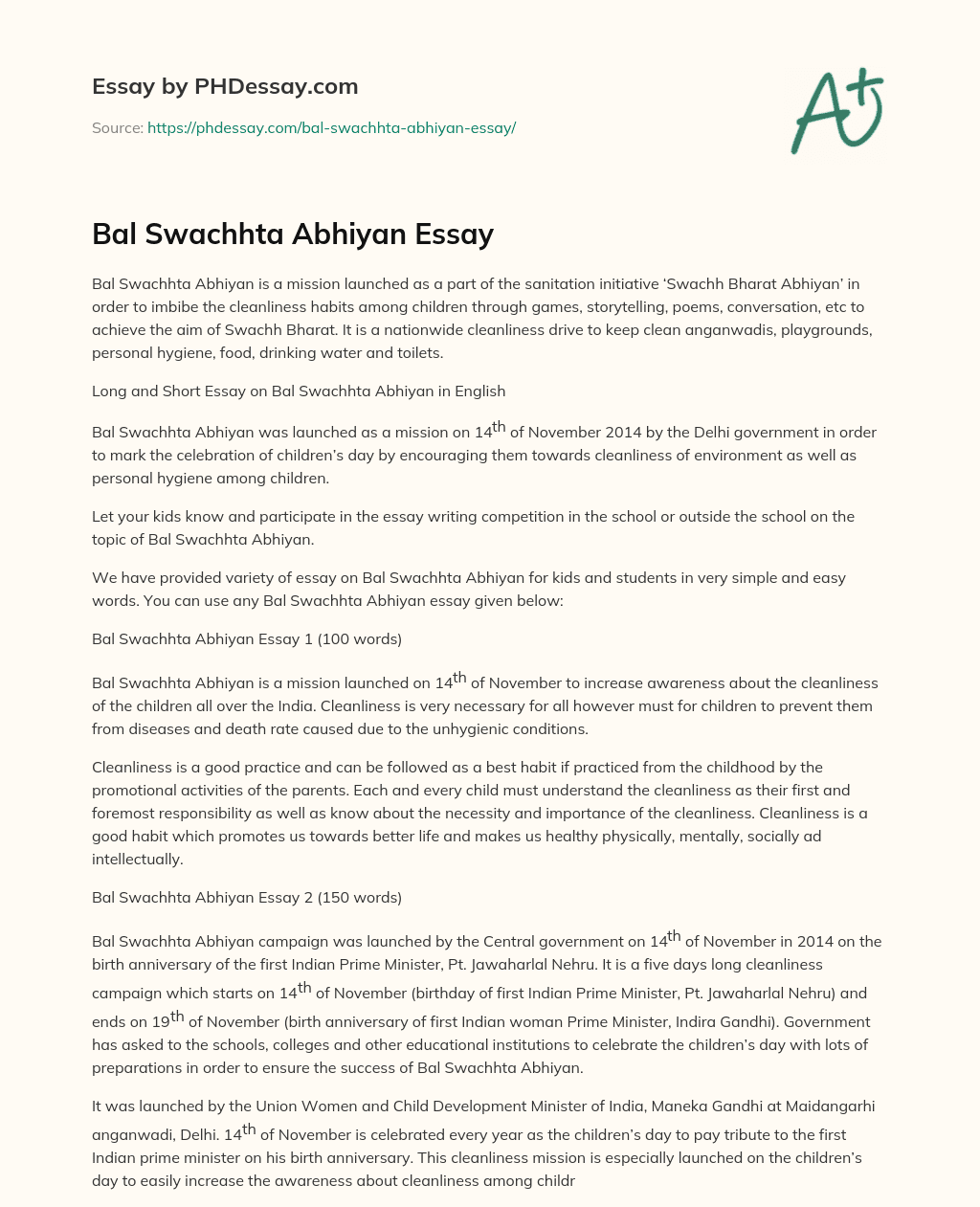 Bal Swachhta Abhiyan Essay essay