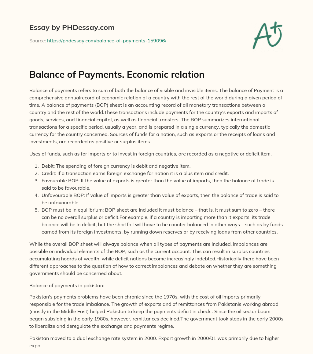 Balance of Payments. Economic relation essay