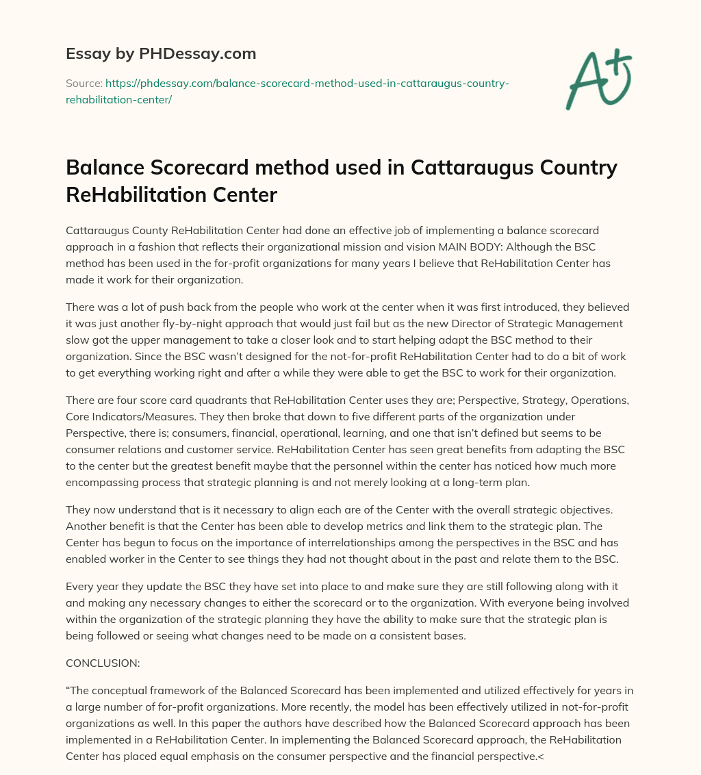 Balance Scorecard method used in Cattaraugus Country ReHabilitation Center essay
