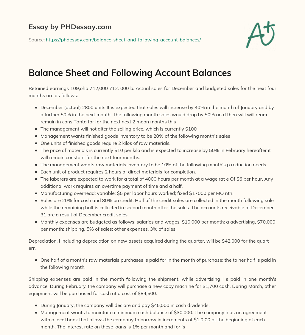 Balance Sheet and Following Account Balances essay