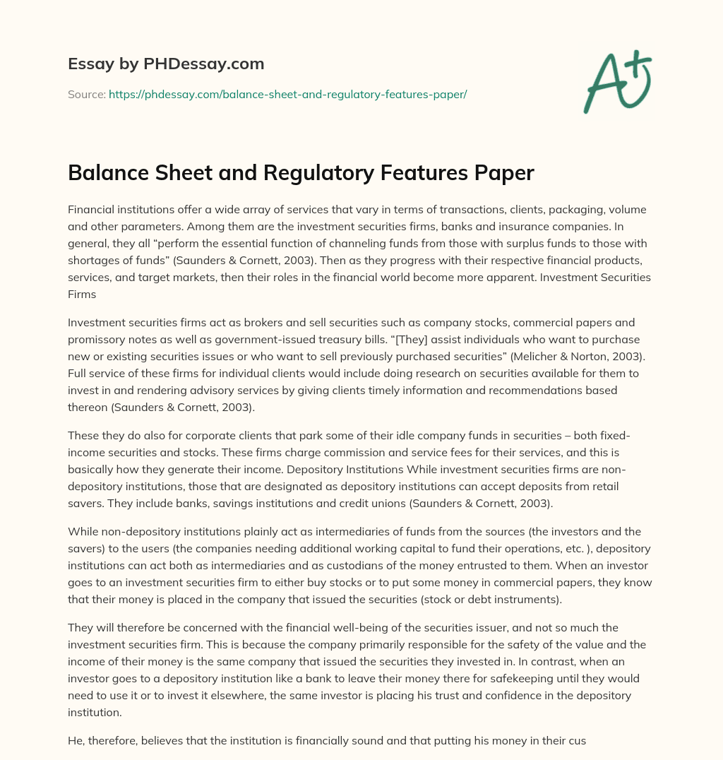 Balance Sheet and Regulatory Features Paper essay