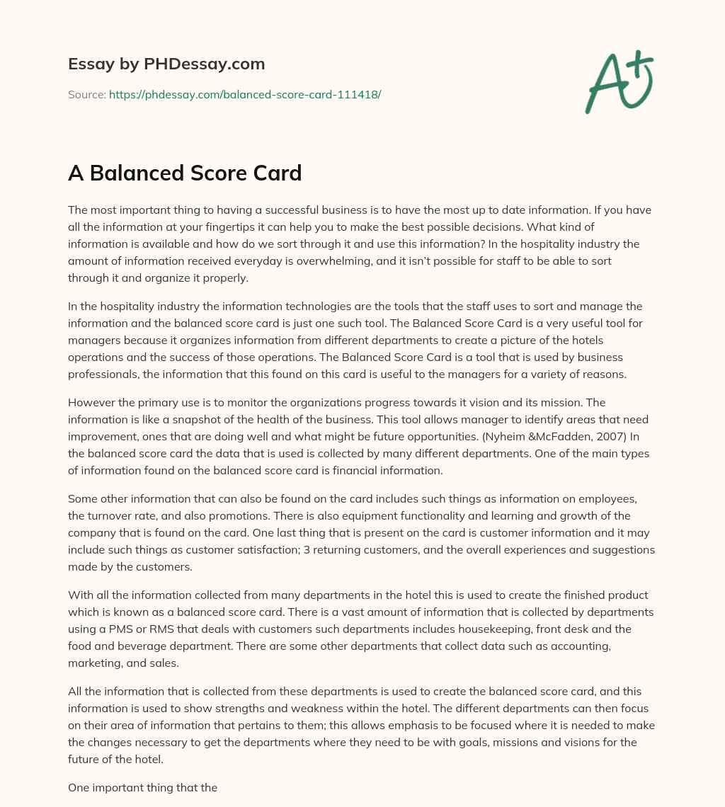 A Balanced Score Card essay