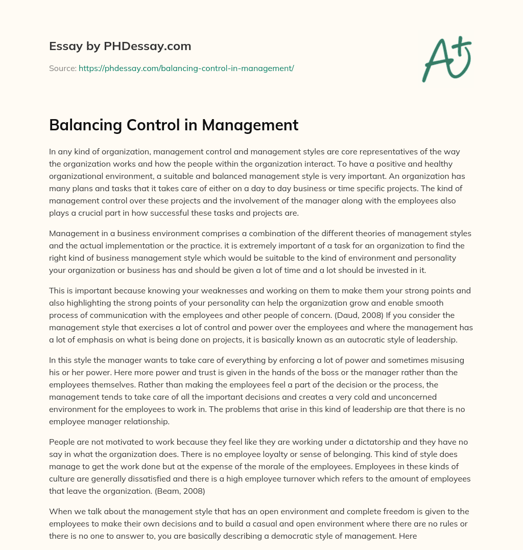 Balancing Control in Management essay