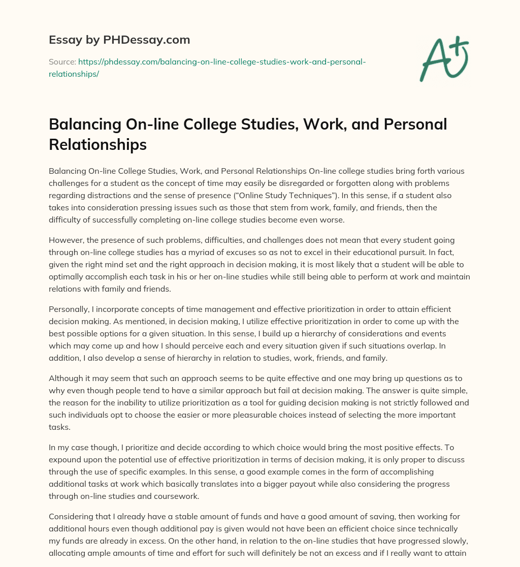 Balancing On-line College Studies, Work, and Personal Relationships essay