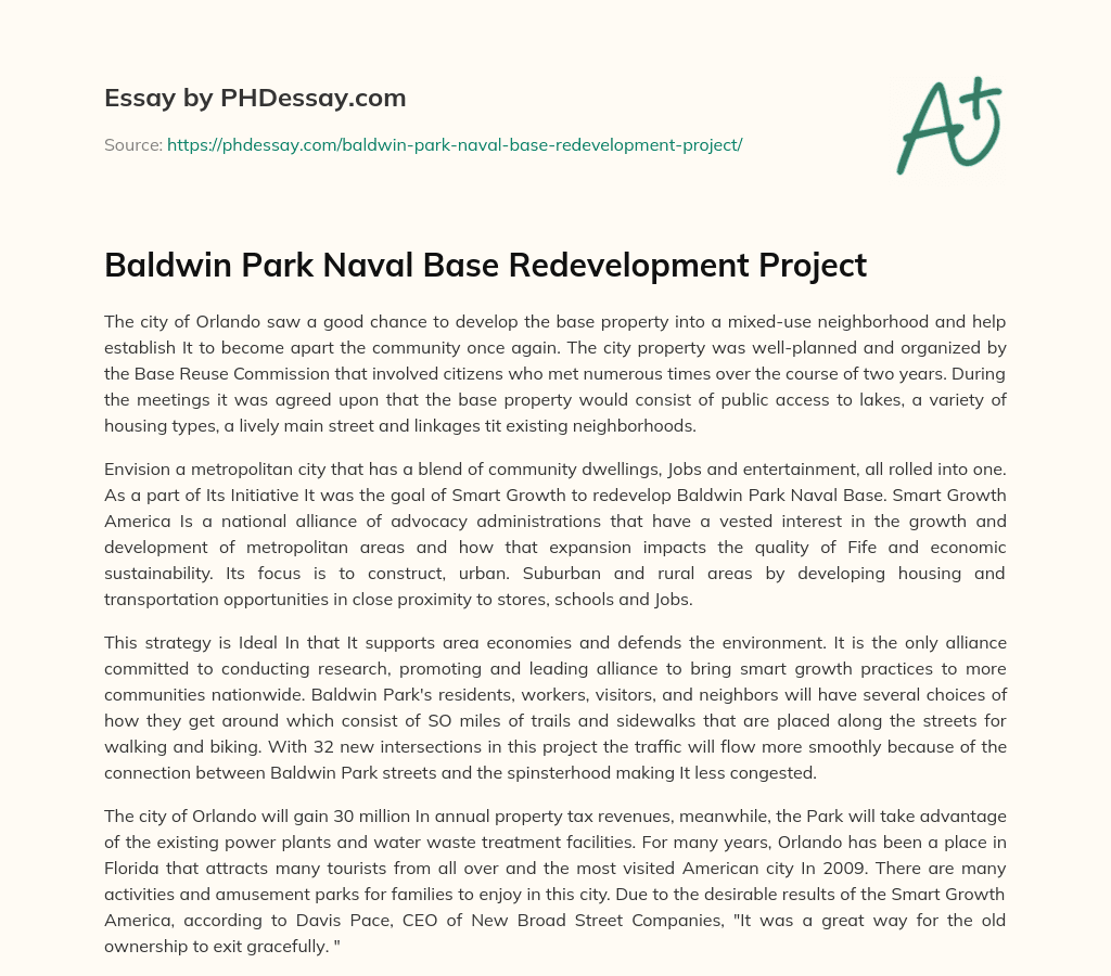 Baldwin Park Naval Base Redevelopment Project essay