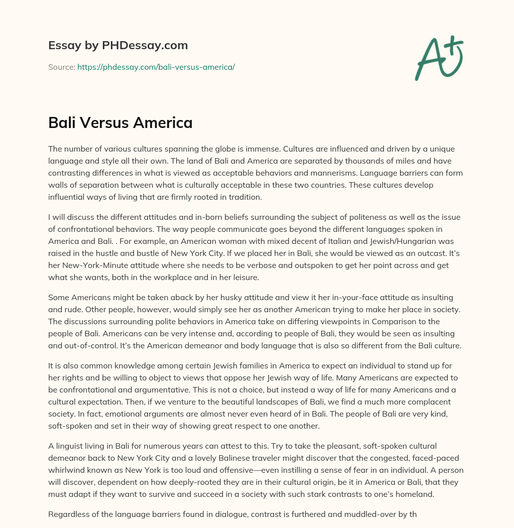 Bali Versus America essay
