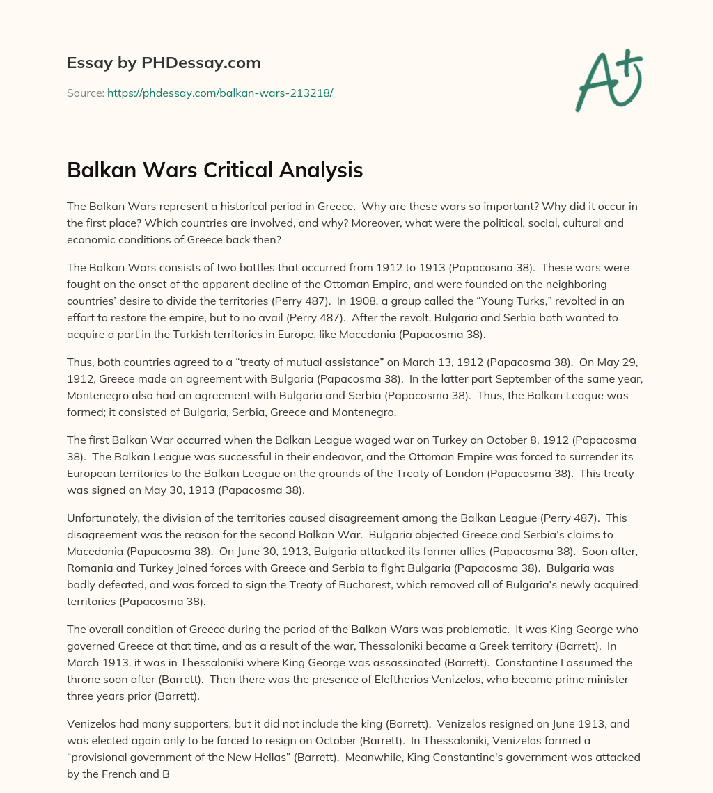 Balkan Wars Critical Analysis essay
