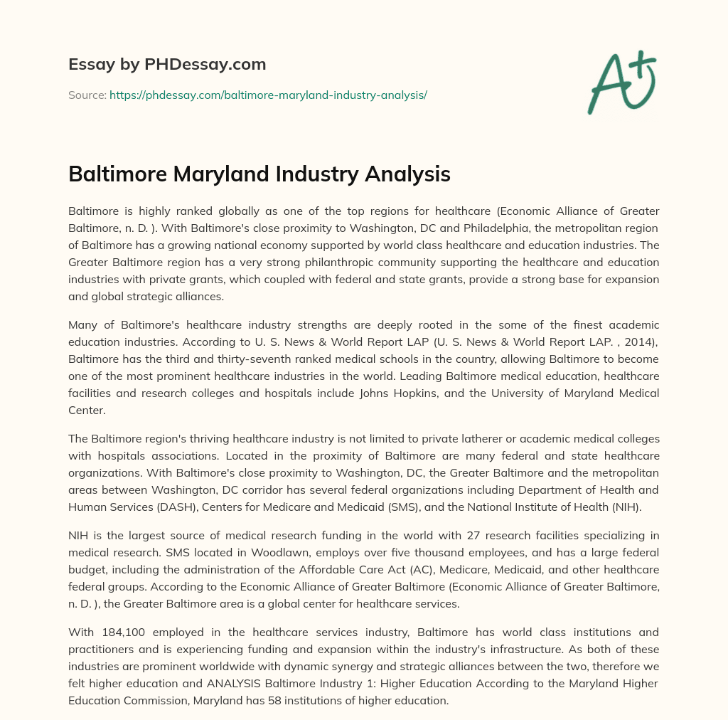 Baltimore Maryland Industry Analysis essay
