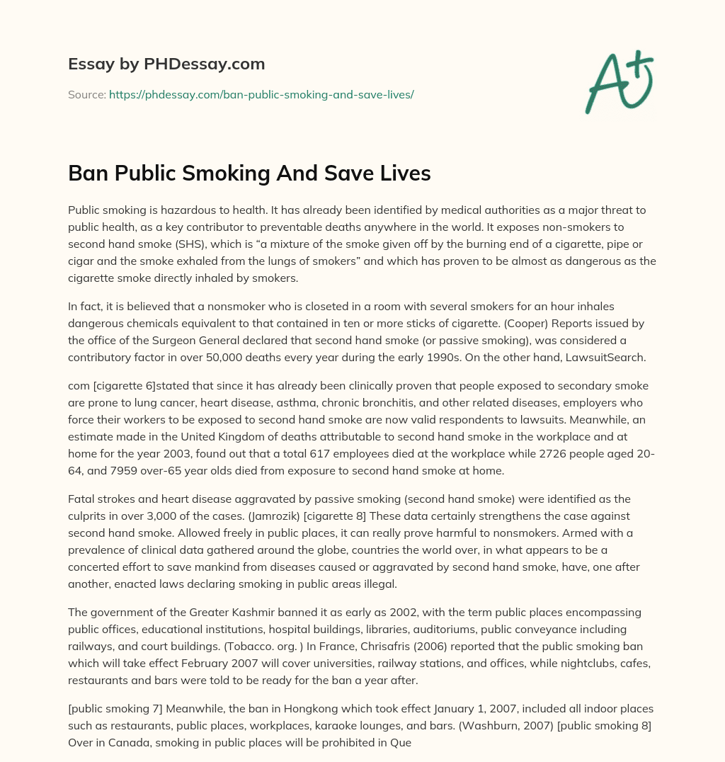 Ban Public Smoking And Save Lives essay