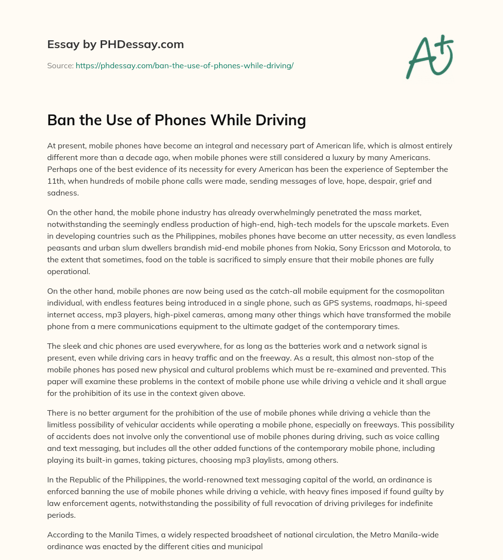 Ban the Use of Phones While Driving essay