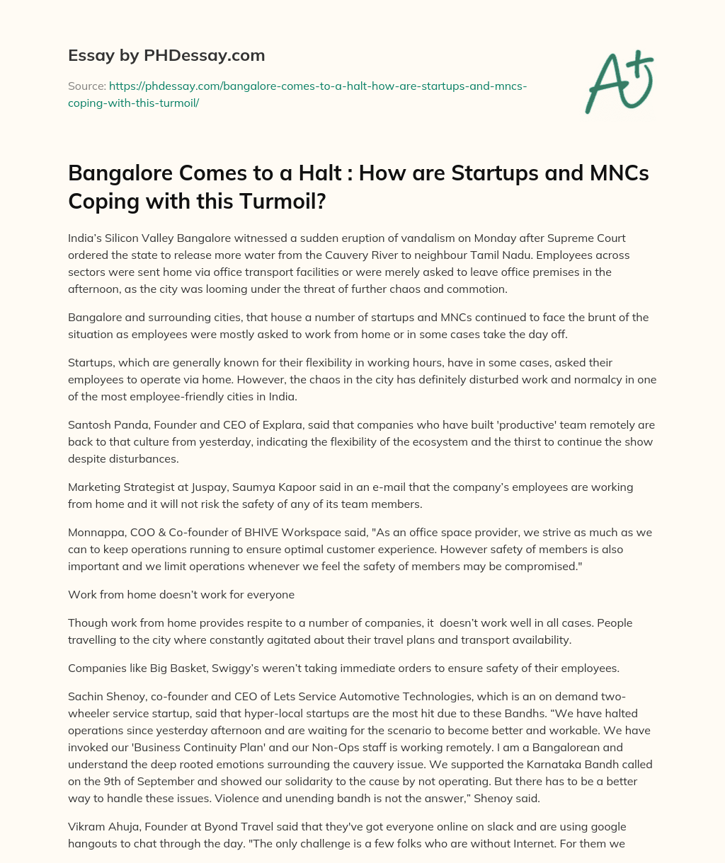 Bangalore Comes to a Halt : How are Startups and MNCs Coping with this Turmoil? essay