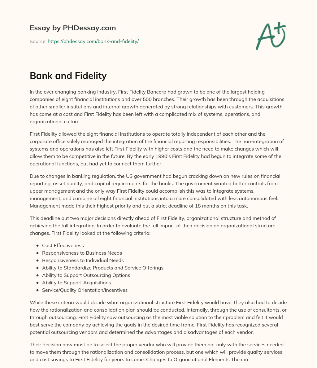 Bank and Fidelity essay