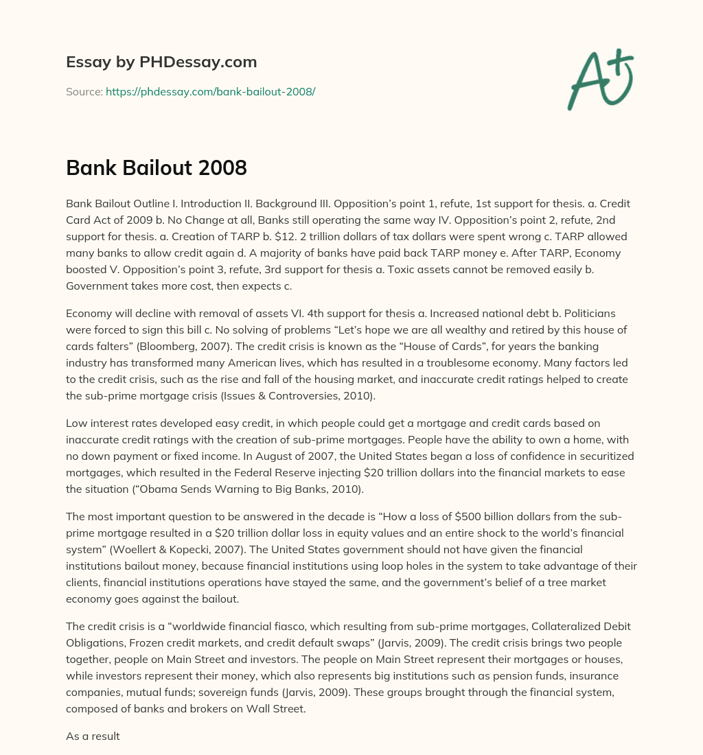 Bank Bailout: Refuting Opposition’s Points and the Troublesome Economy essay