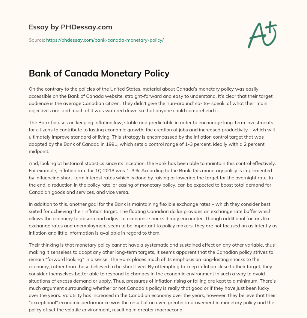 Bank of Canada Monetary Policy essay