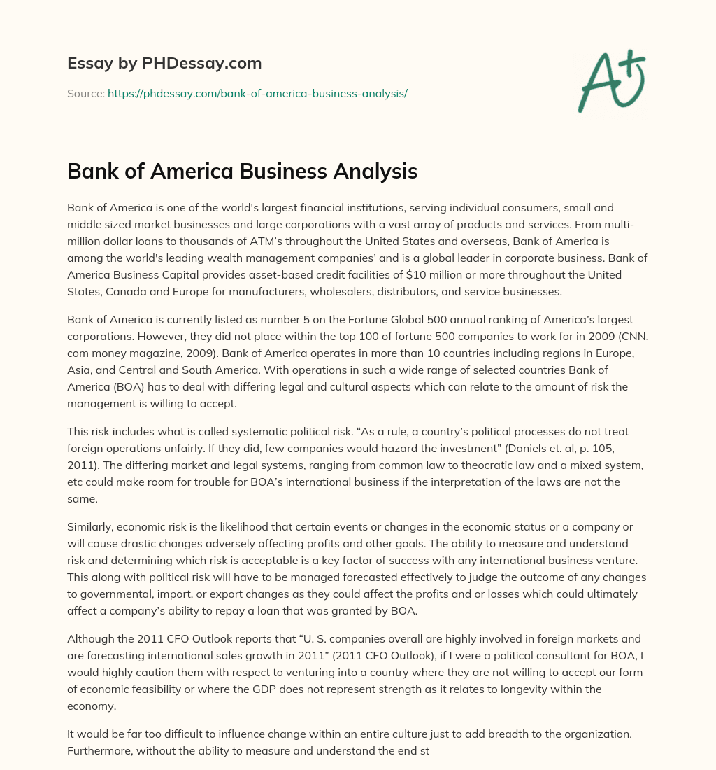 Bank of America Business Analysis essay