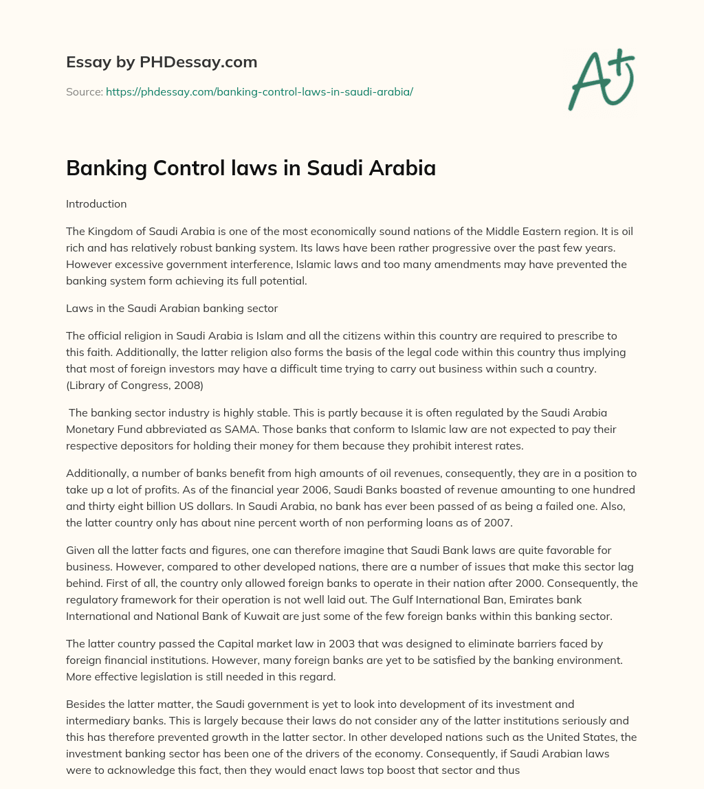 Banking Control laws in Saudi Arabia essay