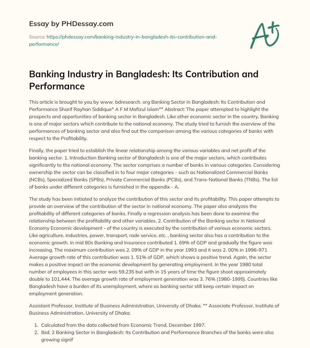 Banking Industry in Bangladesh: Its Contribution and Performance essay