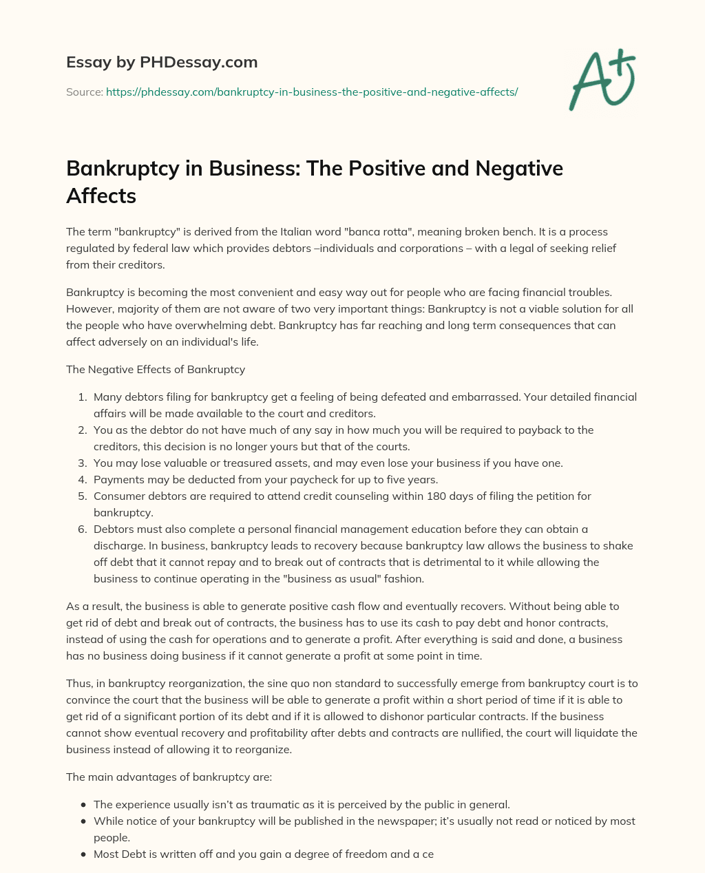 Bankruptcy in Business: The Positive and Negative Affects essay
