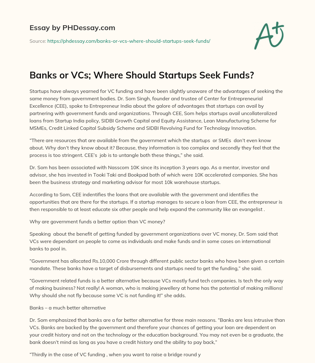 Banks or VCs; Where Should Startups Seek Funds? essay