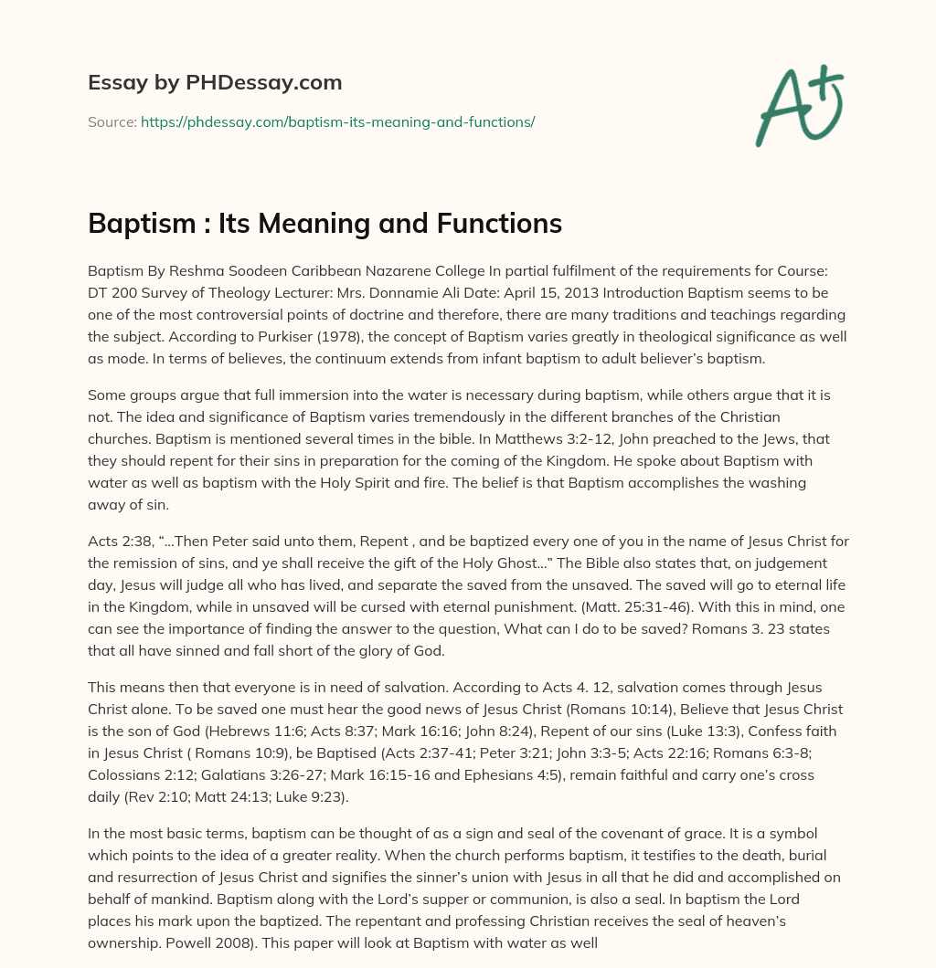 Baptism : Its Meaning and Functions essay