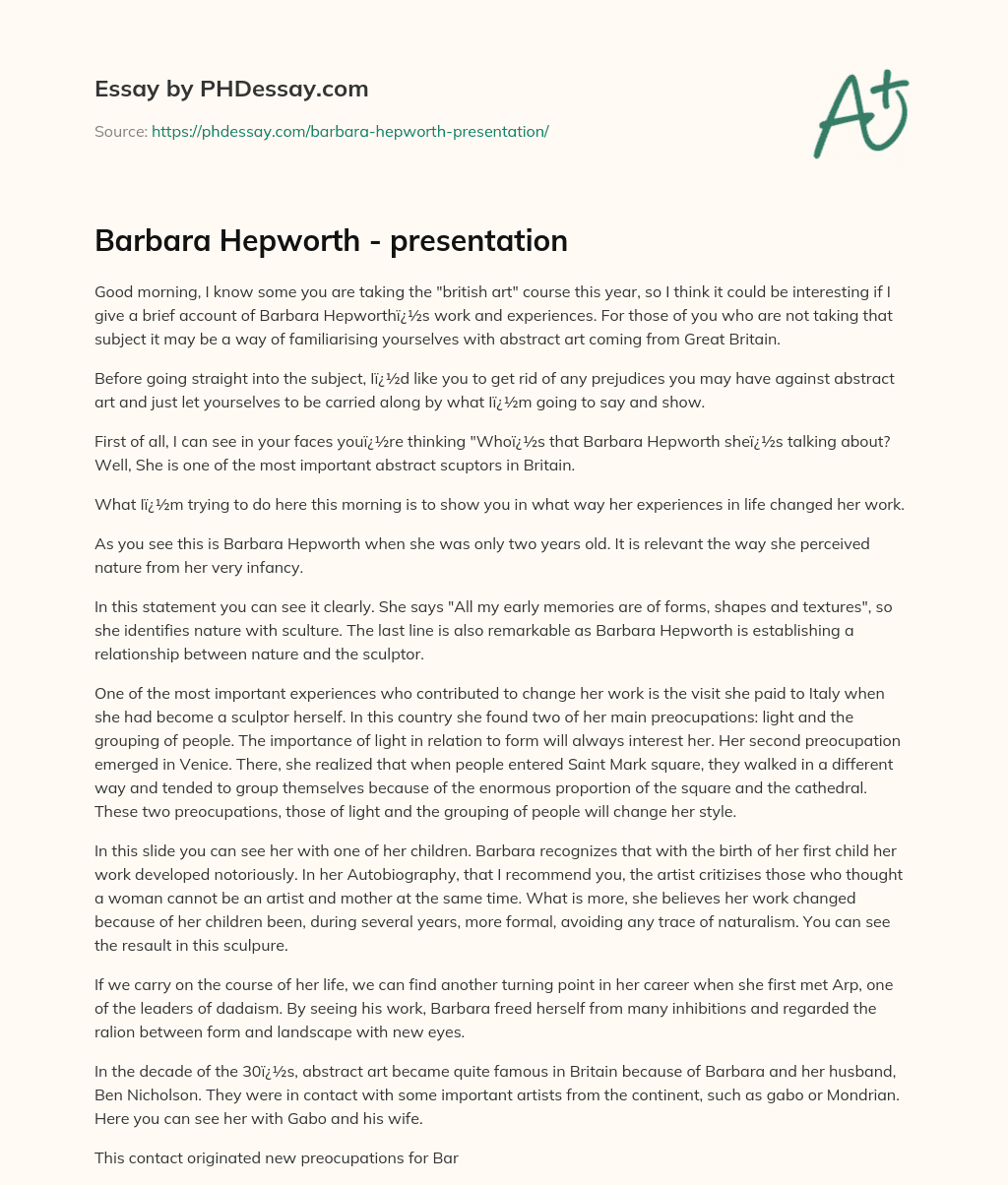 Barbara Hepworth – presentation essay