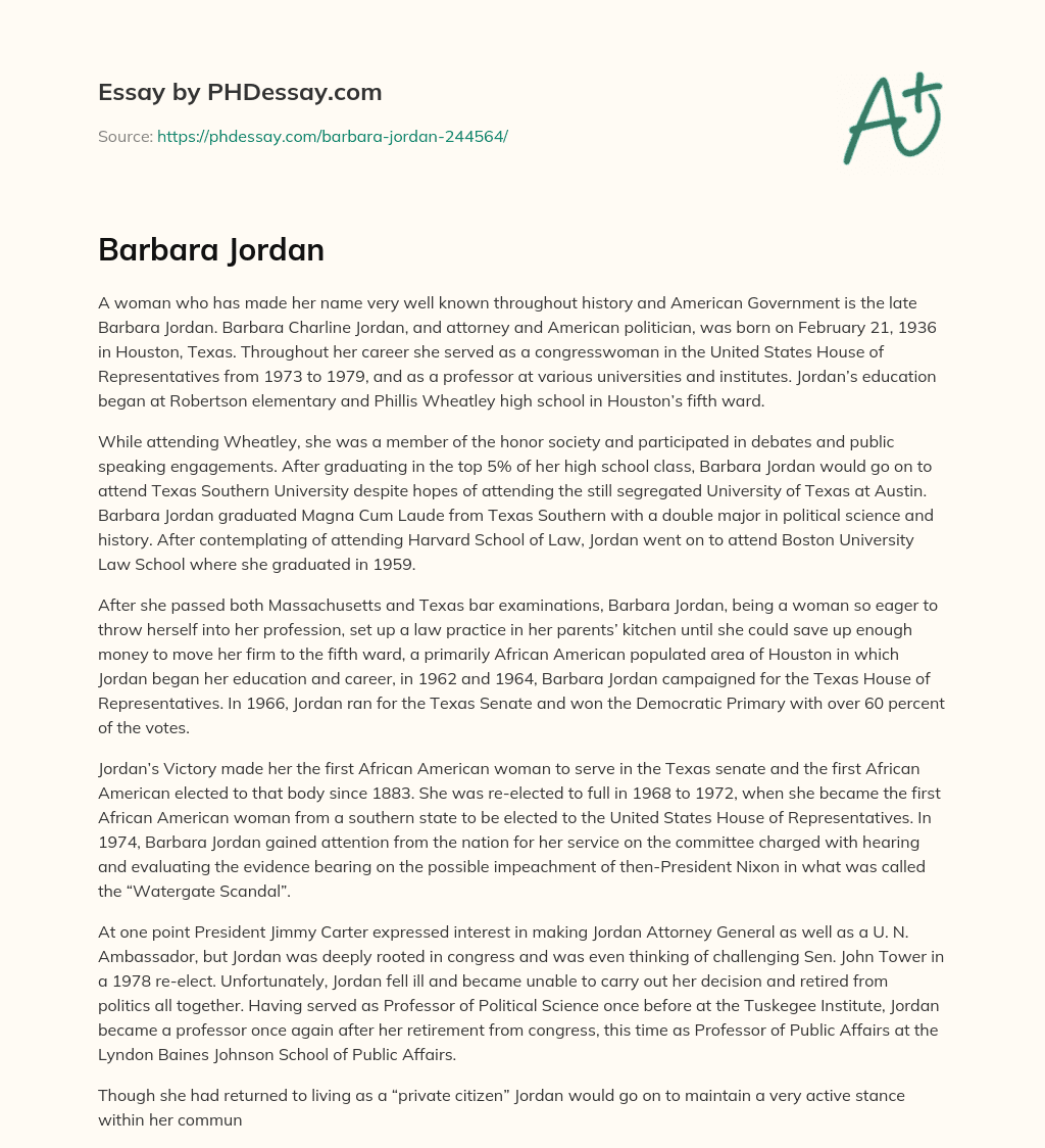 Barbara Jordan: A Trailblazing Politician and Educator from Houston, Texas essay