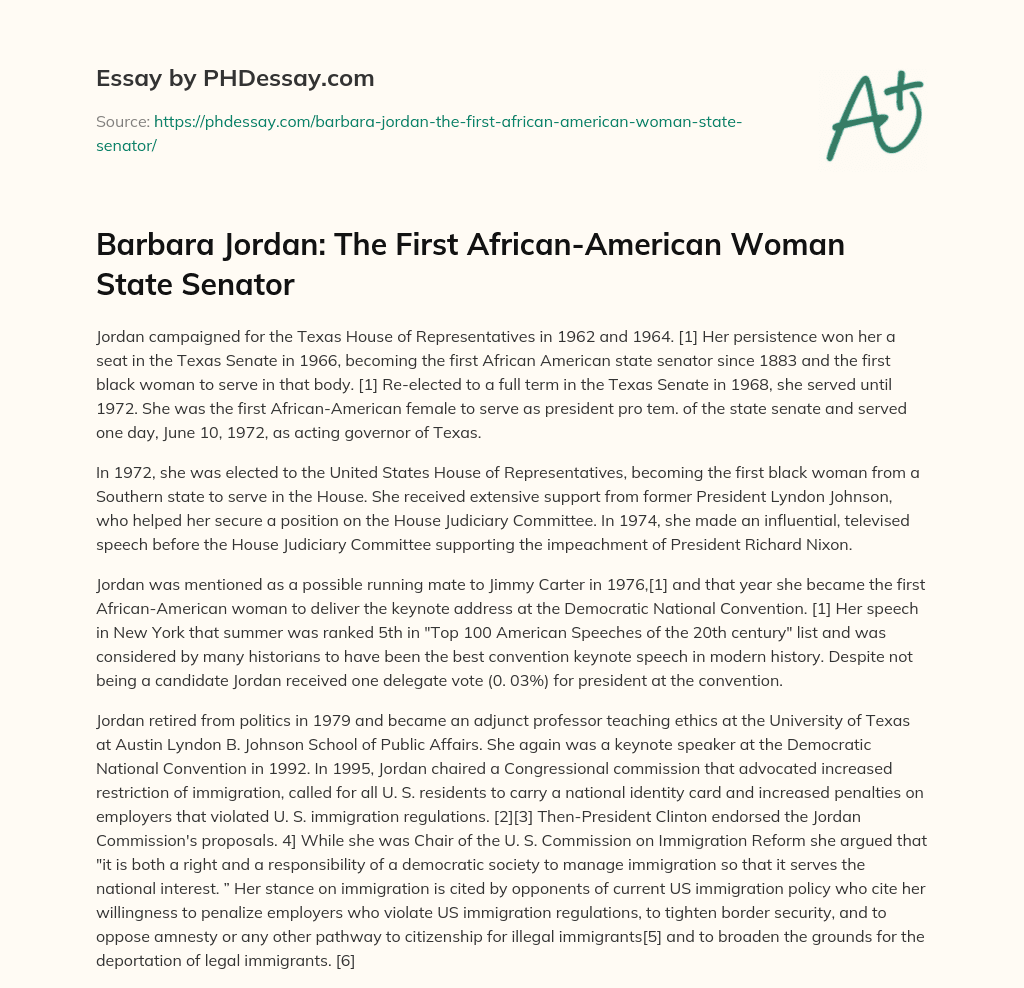 Barbara Jordan: The First African-American Woman State Senator essay