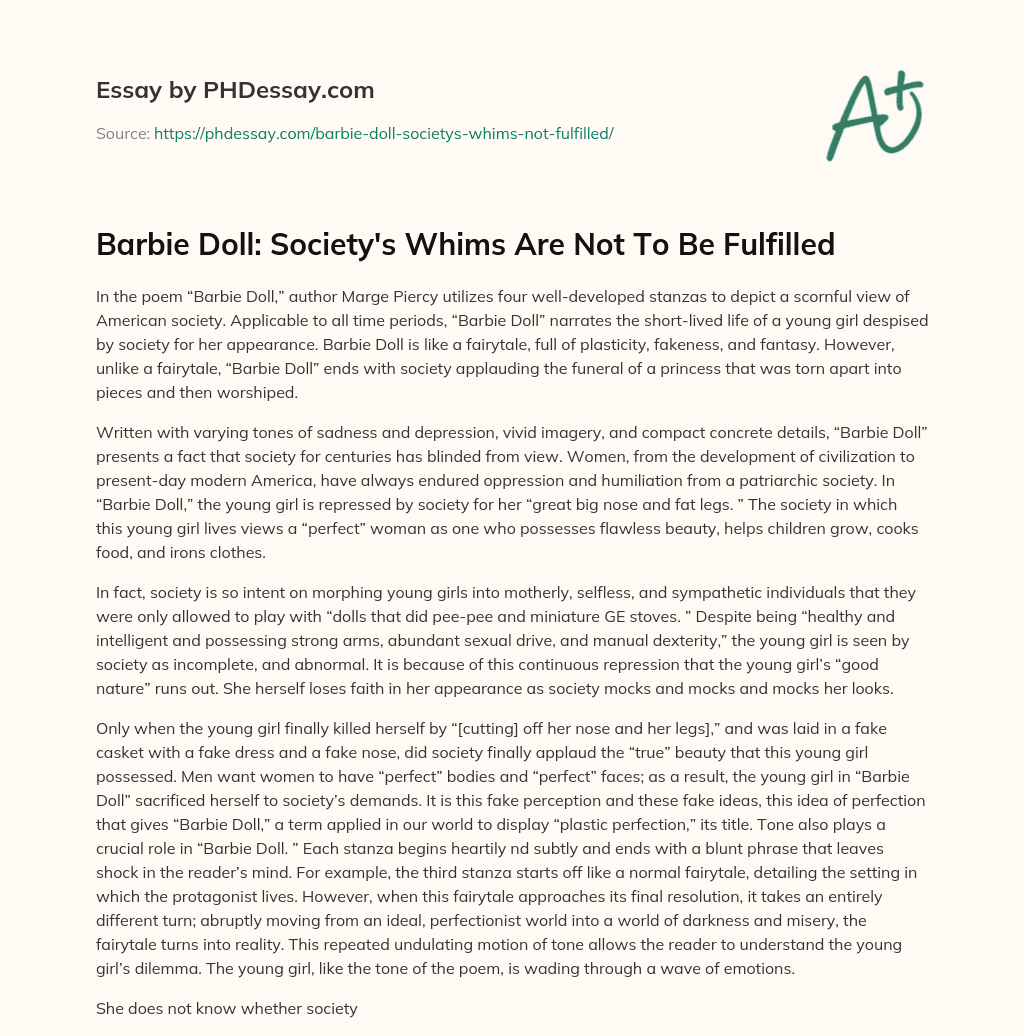 Barbie Doll: Society’s Whims Are Not To Be Fulfilled essay
