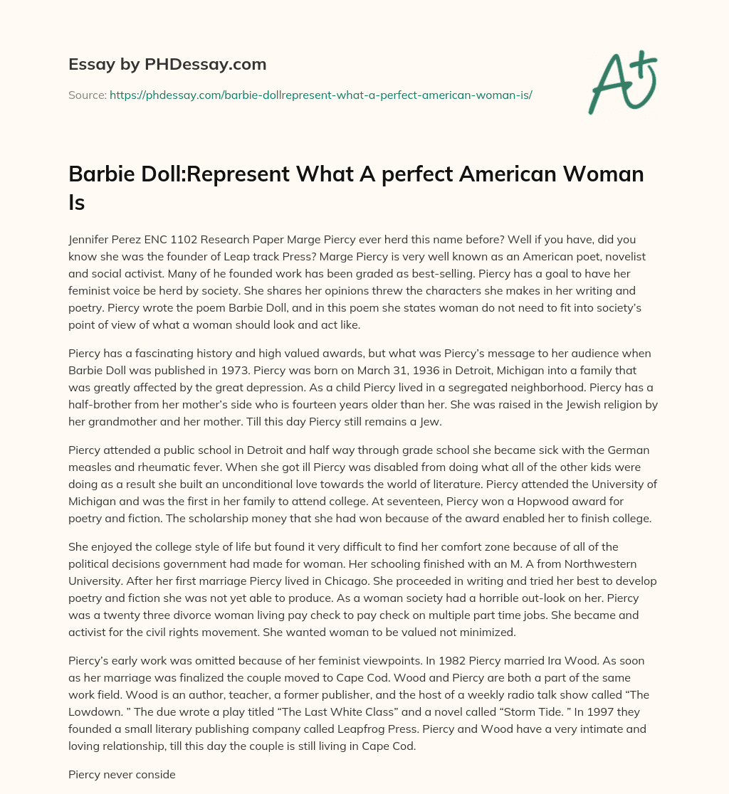 Barbie Doll:Represent What A perfect American Woman Is essay