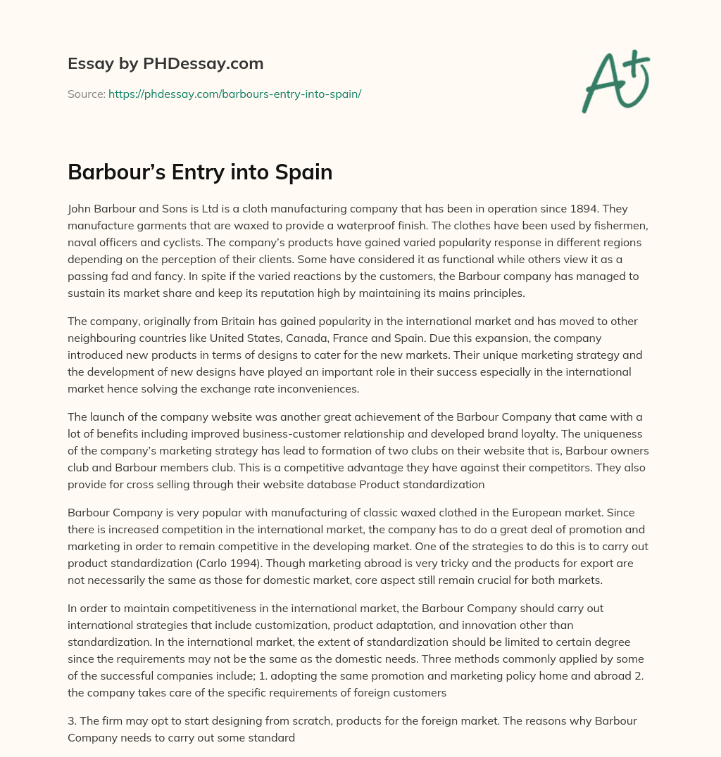 Barbour’s Entry into Spain essay