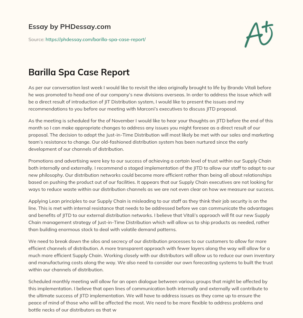 Barilla Spa Case Report essay