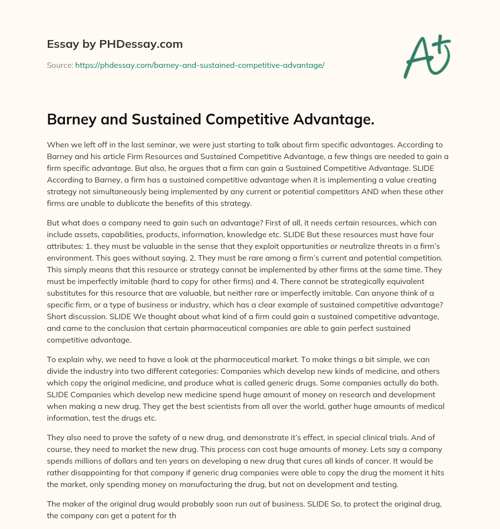 Barney and Sustained Competitive Advantage. essay