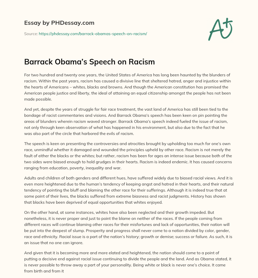 Barrack Obama’s Speech on Racism essay