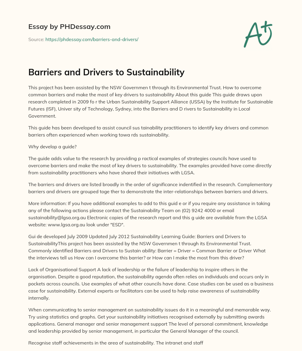 Barriers and Drivers to Sustainability essay