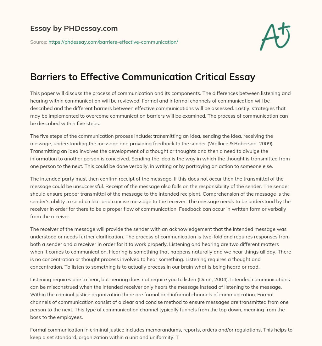 Barriers to Effective Communication Critical Essay essay