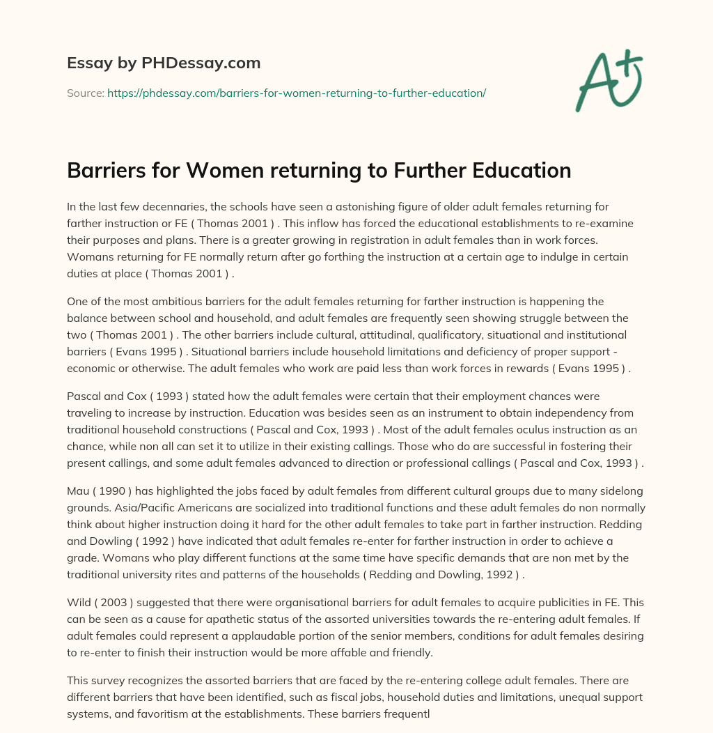 Barriers for Women returning to Further Education essay