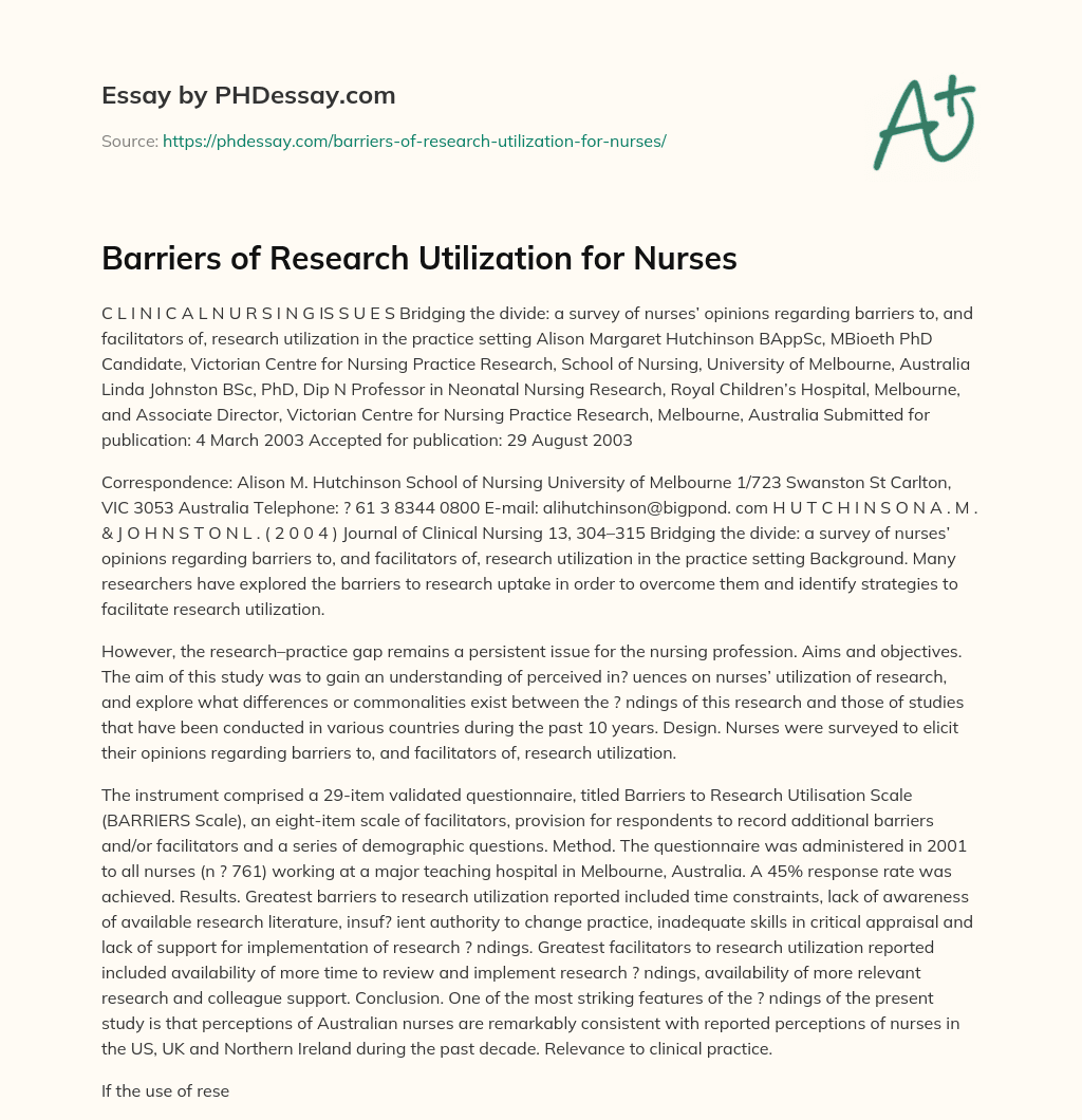 Barriers of Research Utilization for Nurses essay