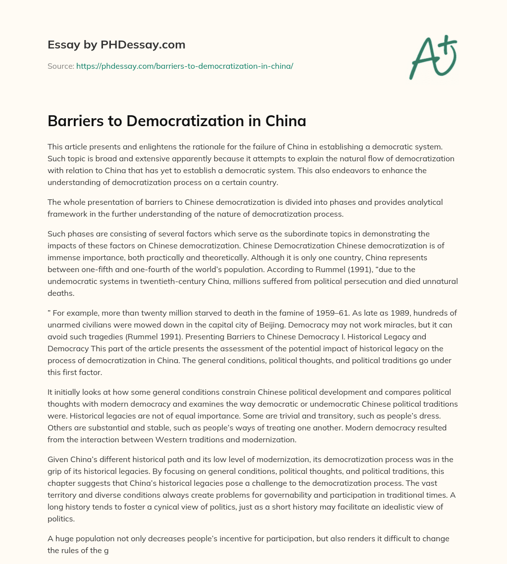 Barriers to Democratization in China essay