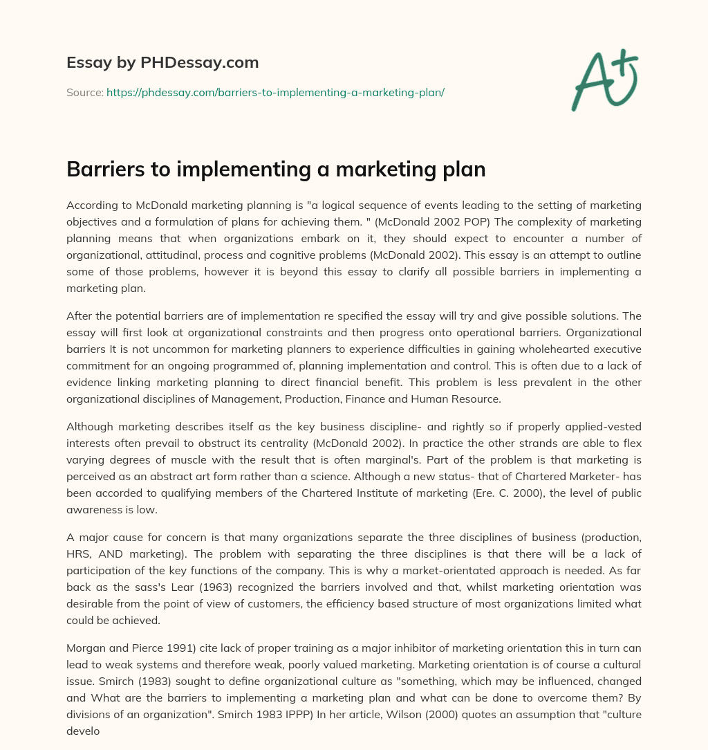 Barriers to implementing a marketing plan essay