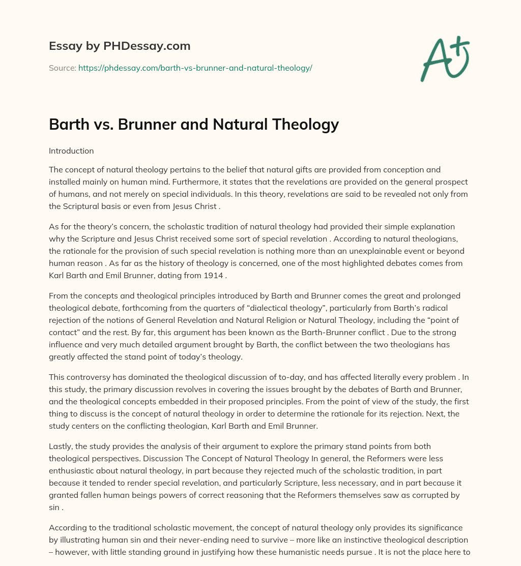 Barth vs. Brunner and Natural Theology essay