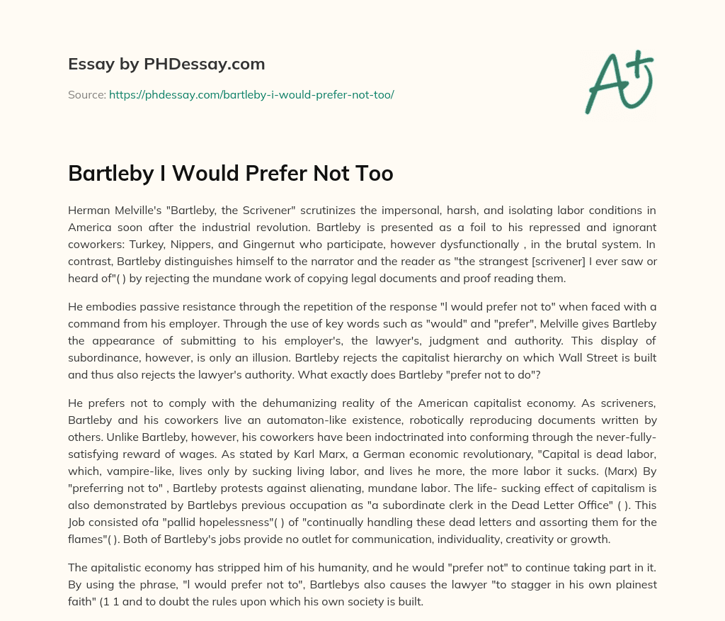 Bartleby I Would Prefer Not Too essay